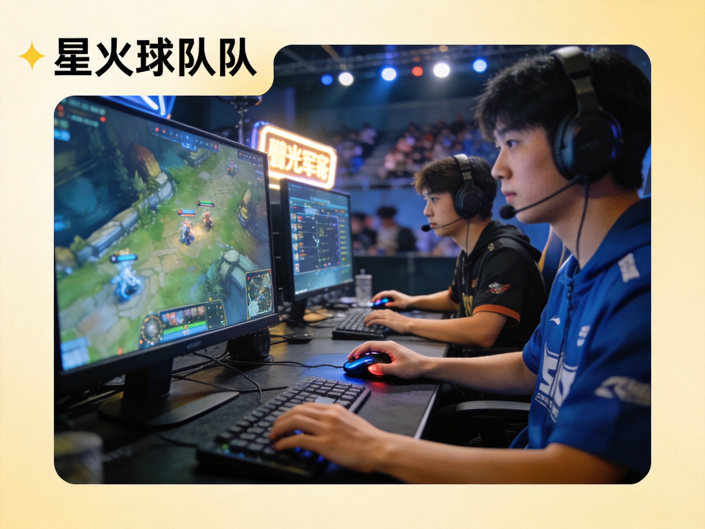 电竞赛事现场大屏前的战队选手正在对局中操作