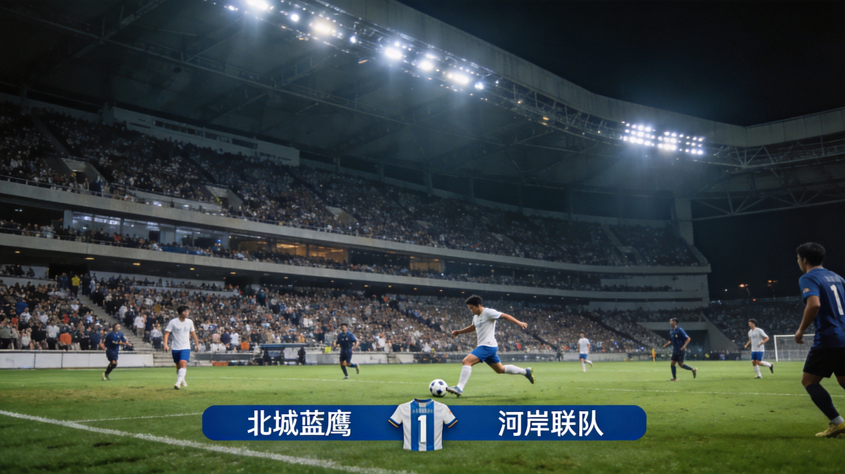 夜间灯光下座无虚席的足球场,比赛正在进行